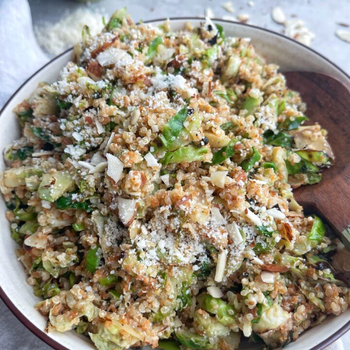 Quinoa Brussels Sprout Salad in a big white serving dish.