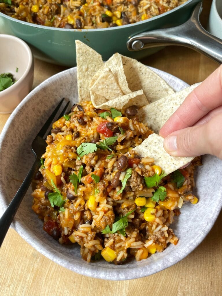 One Pan Ground Beef and Rice Skillet with chips