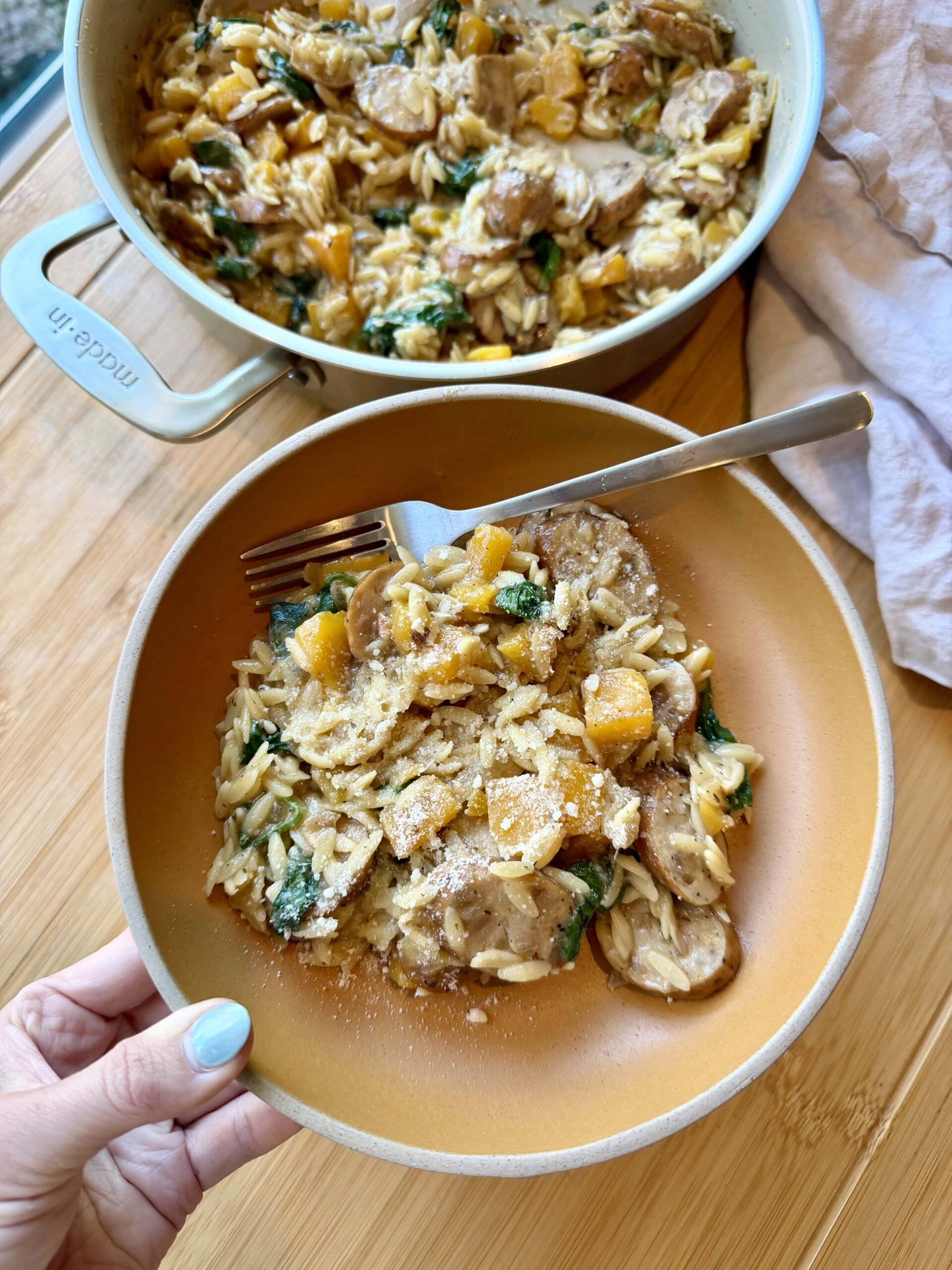 One Pan Butternut Squash & Chicken Sausage Orzo
