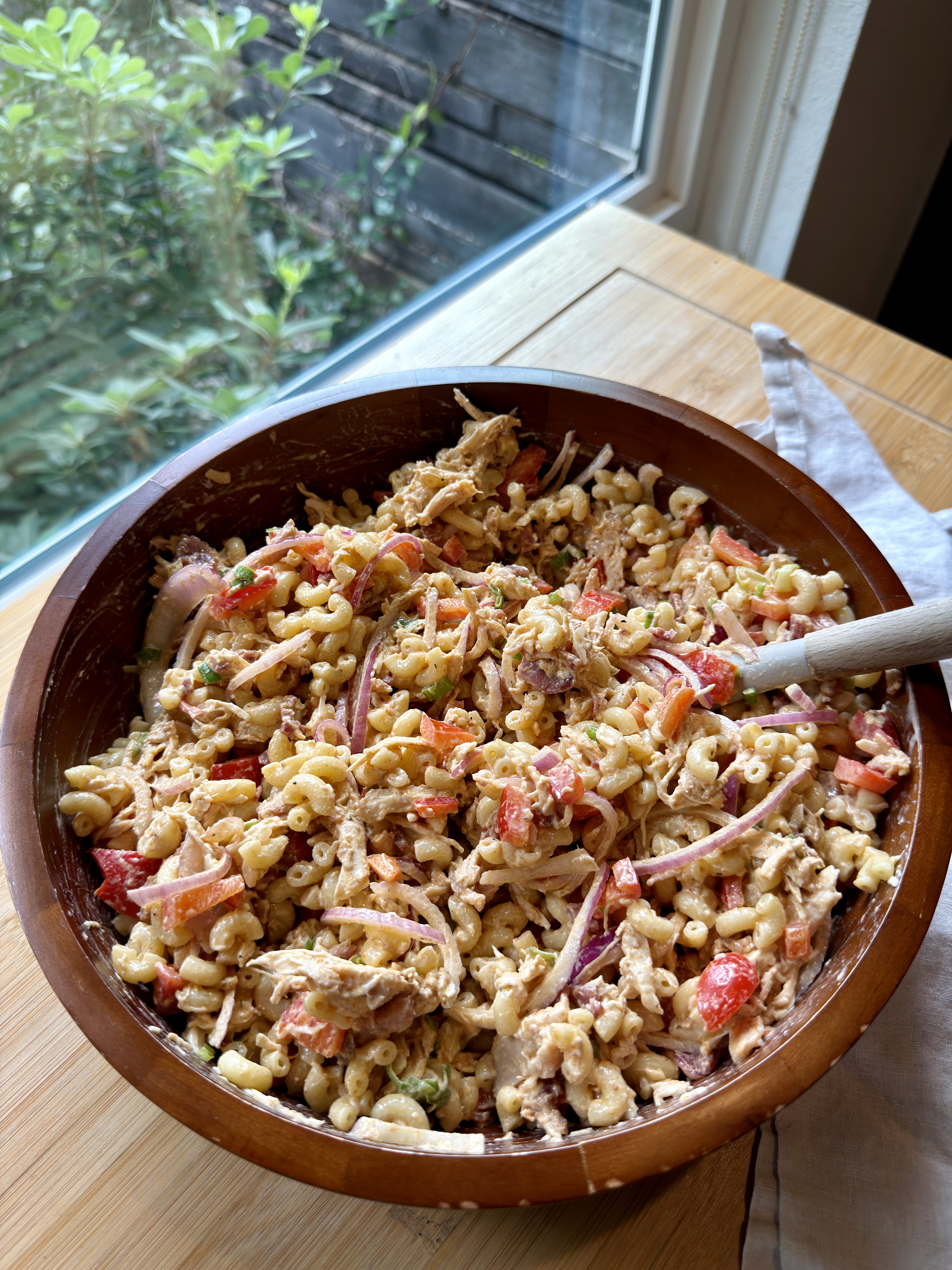 High Protein Spicy Chicken Bacon Ranch Pasta Salad