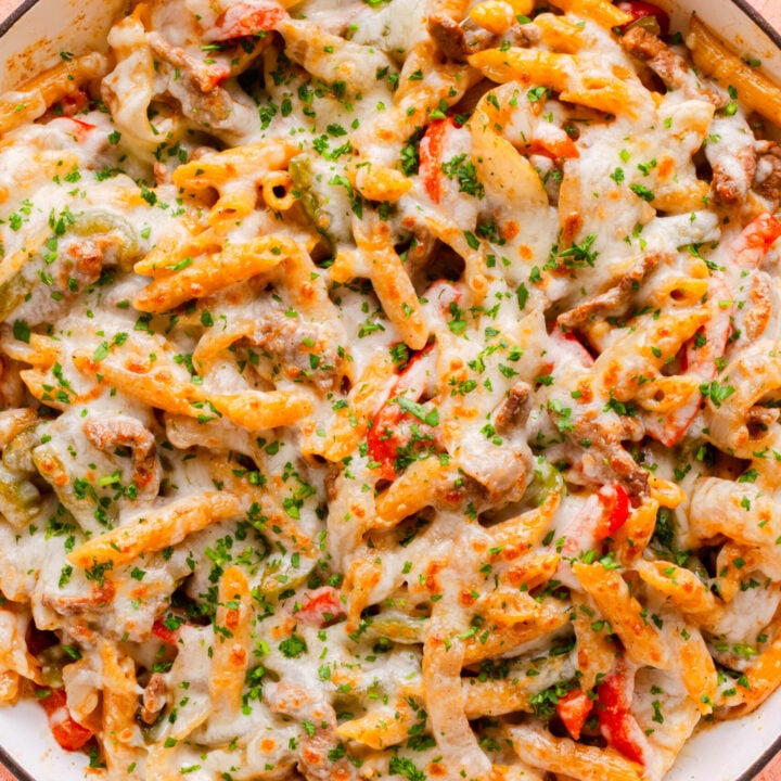 One Pan High Protein Philly Cheesesteak Pasta 
