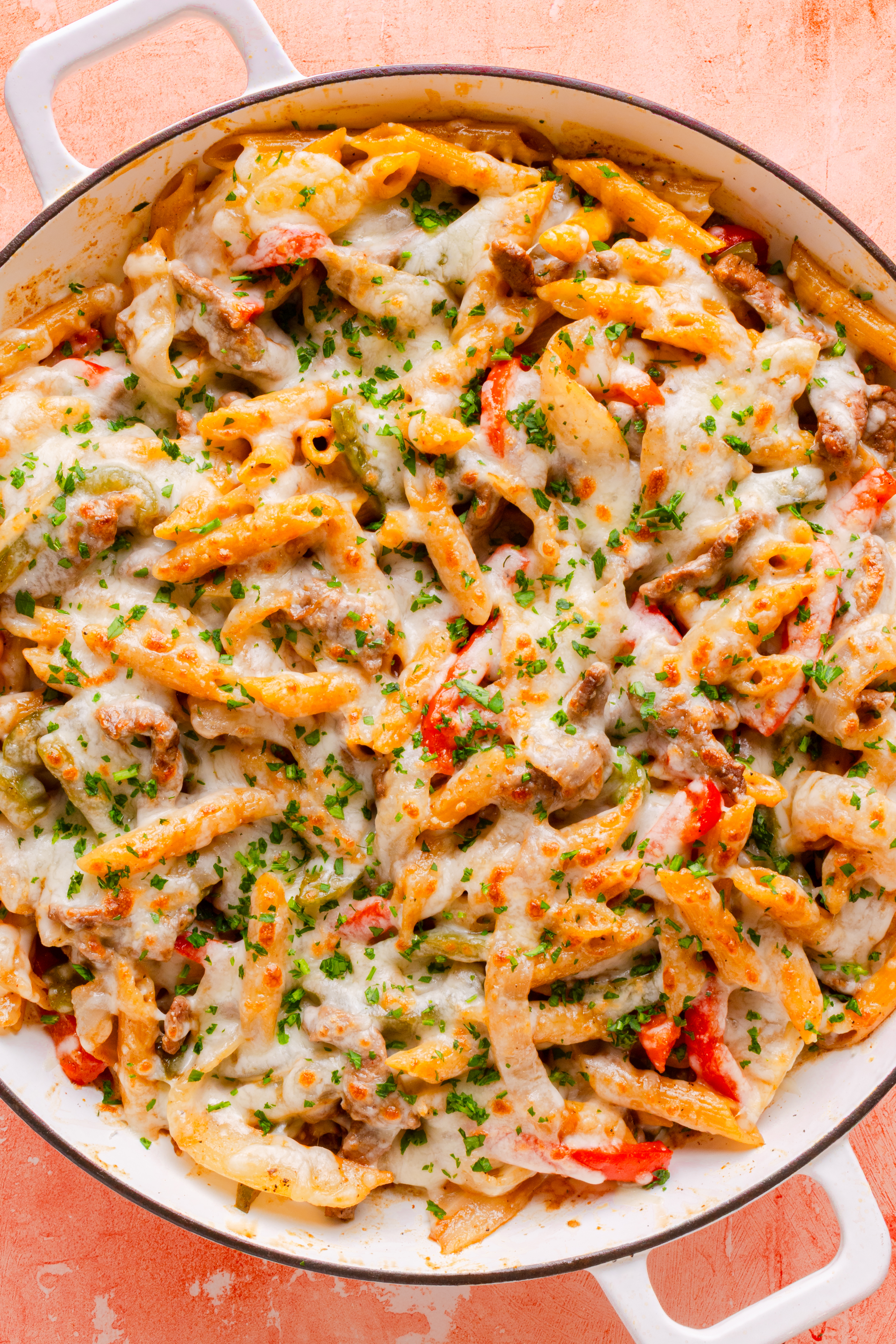 One Pan High Protein Philly Cheesesteak Pasta