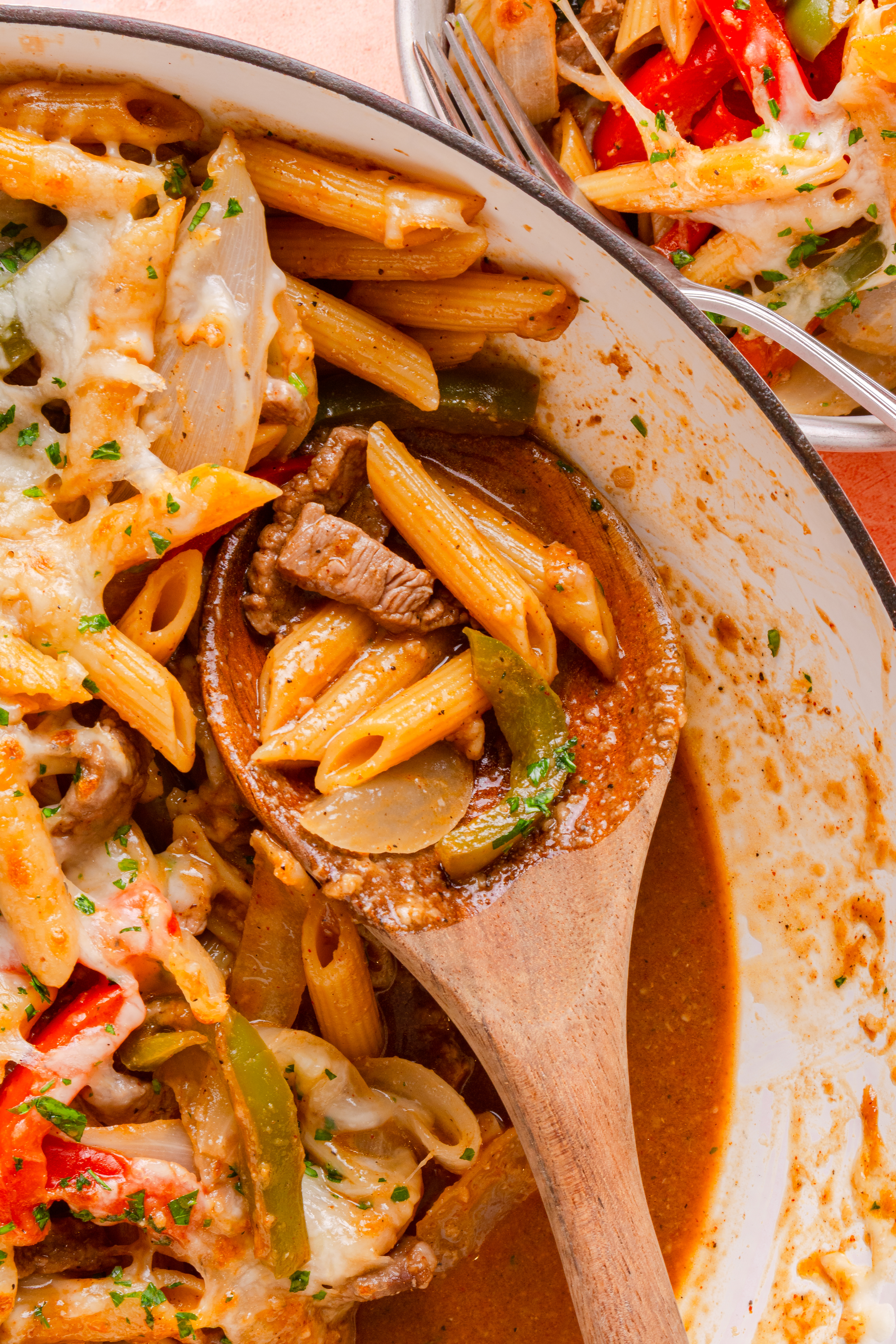 One Pan High Protein Philly Cheesesteak Pasta